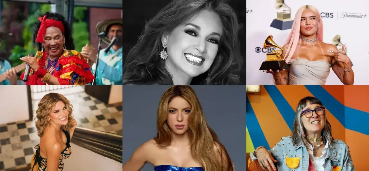 Seis artistas colombianos famosos: Tot&oacute; la Momposina, Marbelle, Karol G, Greeicy Rend&oacute;n, Shakira y Andrea Echeverri.