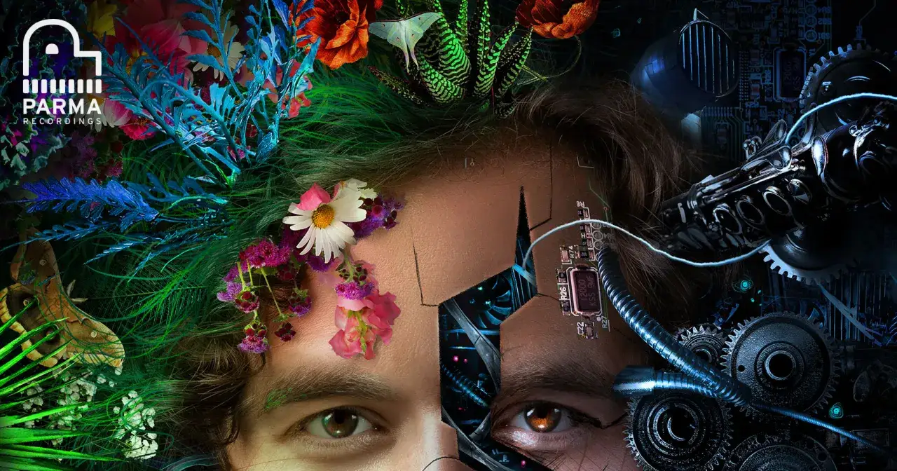 Portada de &aacute;lbum tama&ntilde;o: Rostro humano fusionado con naturaleza y tecnolog&iacute;a, con flores, insectos y circuitos.