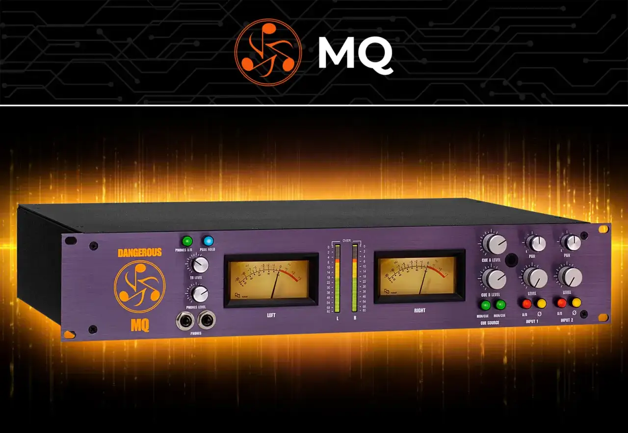 Equipo de audio p&uacute;rpura con medidores anal&oacute;gicos. El logo MQ y el texto 