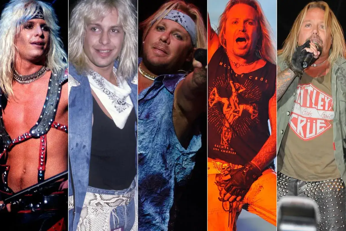 Vince Neil joven en diferentes etapas de su carrera, mostrando su ic&oacute;nico estilo rockero.