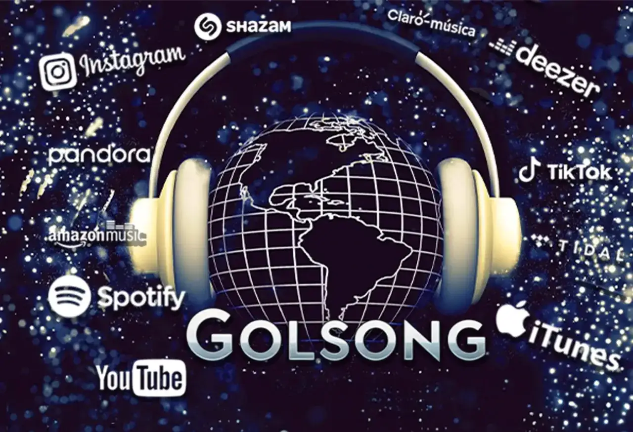 Auriculares sobre un globo terráqueo, rodeado de logos de plataformas musicales. GOLSONG, tu próximo single, suena en todo el mundo.
