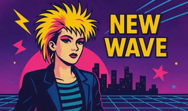 Chica con pelo rubio y rosa, vestida con chaqueta y camiseta a rayas, frente a un paisaje urbano retro y el texto "NEW WAVE".