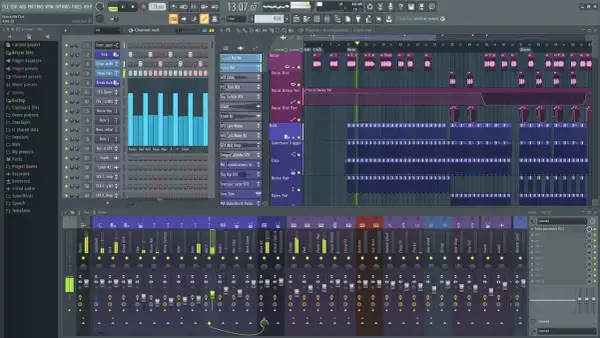 Interfaz de Fl Studio con pistas de audio y MIDI, mostrando cómo organizar un proyecto musical. Ideal para quienes buscan plugins Fl Studio gratis.