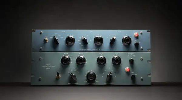 Dos procesadores de dinámica vintage, un Pultec MEQ-5 y un EQP-1A, con sus perillas y selectores listos para dar forma al sonido.