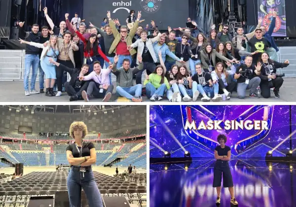Un grupo celebra en un festival, una mujer posa en un estadio vacío y otra en el escenario de "Mask Singer". Posiblemente la manager de cantantes en acción.