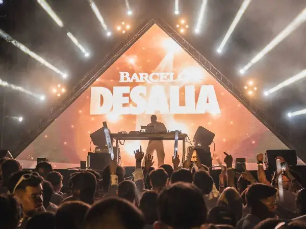 DJ en el escenario de Desalia, con luces y público animado. ¡Así es Desalia!