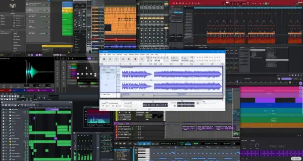 Interfaz de software para grabar canciones online, mostrando pistas de audio, efectos y secuenciador.