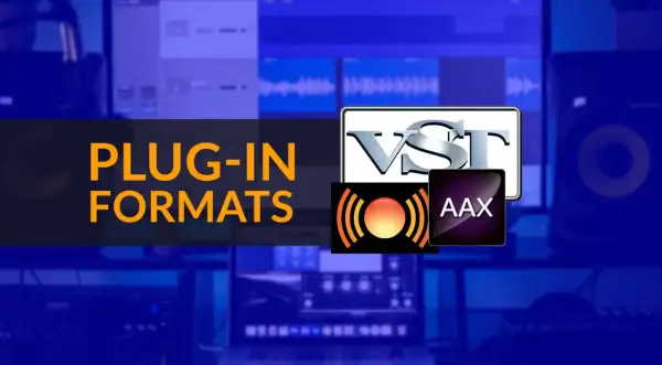 Logos de formatos de plug-in, incluyendo VST, AAX y uno con ondas de sonido. El texto "PLUG-IN FORMATS" aparece en naranja.