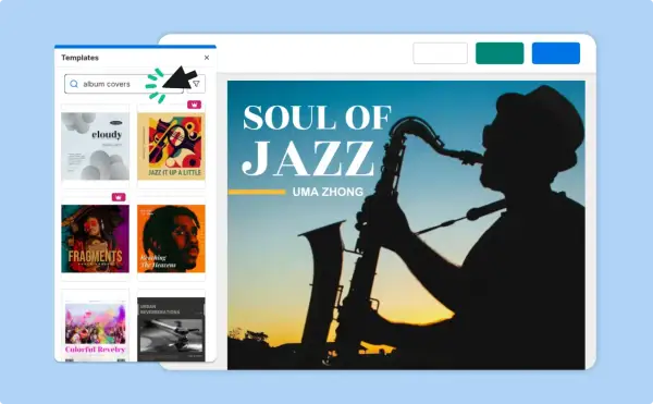 Plantilla de portada de música fácil: un saxofonista en silueta contra un atardecer.