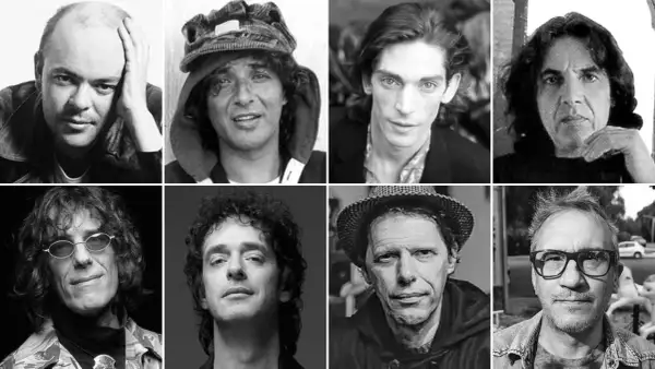 Ocho cantantes argentinos de los 90: Charly García, Pescado, Fito Páez, Luis Alberto Spinetta, Gustavo Cerati, Andrés Calamaro, Pappo y Vicentico.