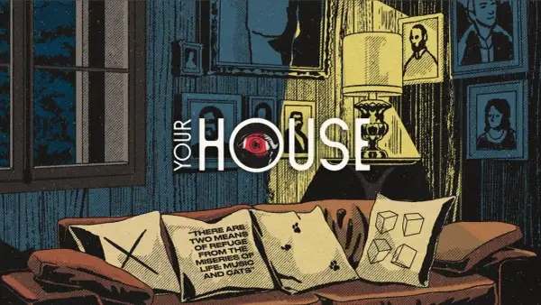 Sofá con cojines, uno con cita sobre refugio, otro con huellas de gato. El texto "YOUR HOUSE" y un ojo rojo sugieren diferentes tipos de música house.