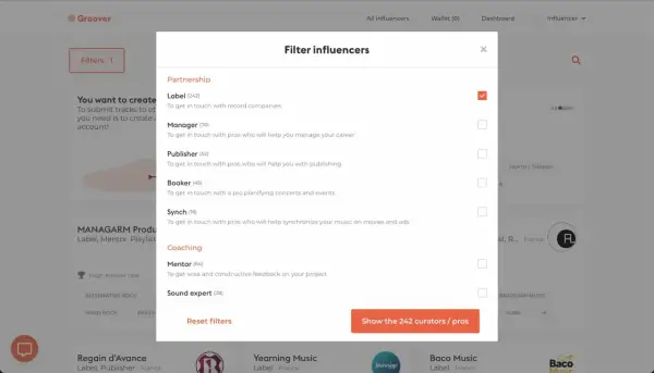 Filtro de influencers para contactar con un sello discográfico y otros profesionales.