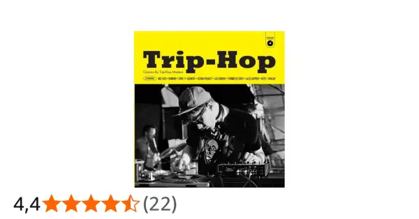 DJ mezclando vinilos, portada de álbum "Trip-Hop Classics By Trip-Hop Masters" con nombres de grupos como Bonobo y Gotan Project.