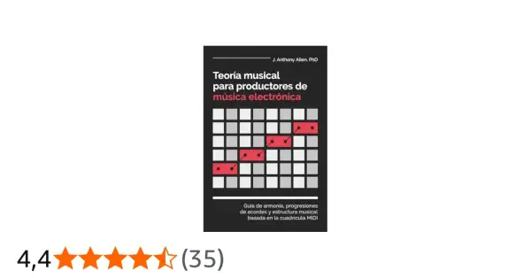 Libro "Teoría musical para productores de música electrónica", con una cuadrícula MIDI y una línea de notas rojas. Explora los tipos de música electrónica.