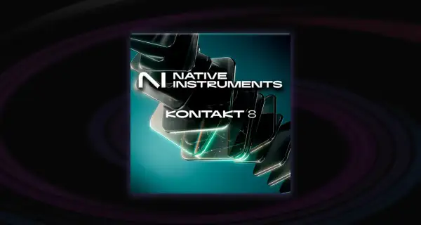El logo de Native Instruments con el texto "KONTAKT 8" sobre formas abstractas de cristal y un fondo oscuro con anillos morados.