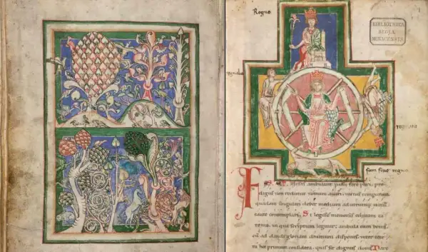 Manuscrito medieval con ilustraciones vibrantes. La página izquierda muestra flora y fauna fantásticas. La derecha, la Rueda de la Fortuna, clave para el significado de Carmina Burana.